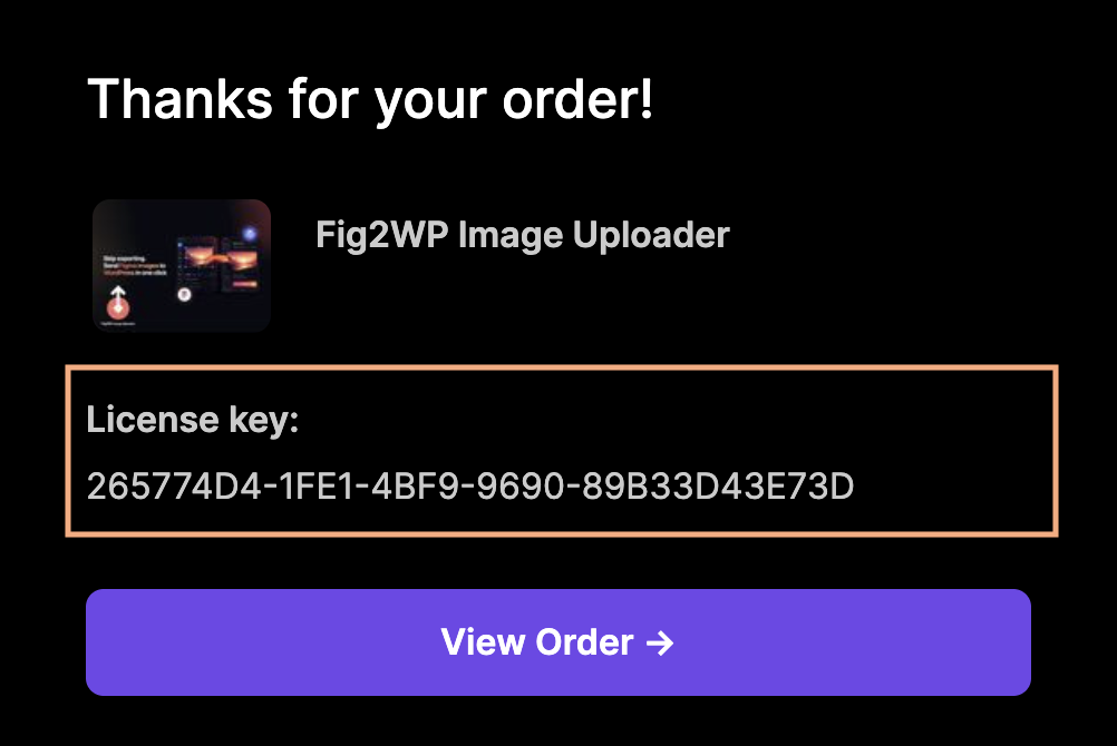 Receipt email showing the license key line